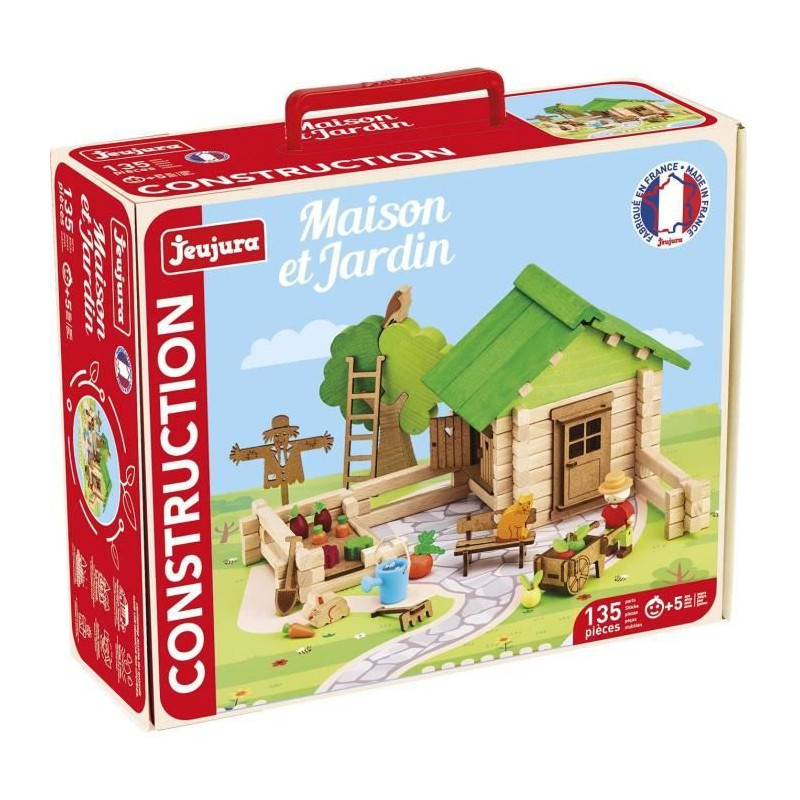 Maison et Jardin 135 Pieces - JEUJURA - Jeu de Construction en Bois Naturel, Tapis et Accessoires Inclus, 32x27x11 cm