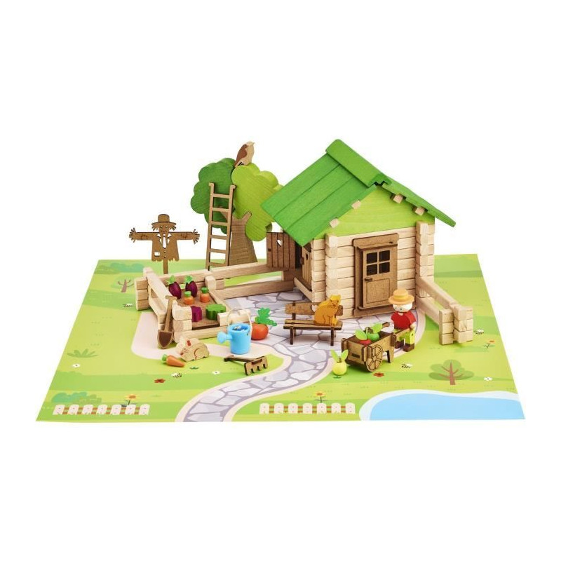 Maison et Jardin 135 Pieces - JEUJURA - Jeu de Construction en Bois Naturel, Tapis et Accessoires Inclus, 32x27x11 cm