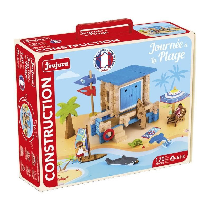 Journée a la Plage 120 Pieces - JEUJURA - Jeu de Construction en Bois Naturel, Tapis et Accessoires Inclus, 32x27x11 cm