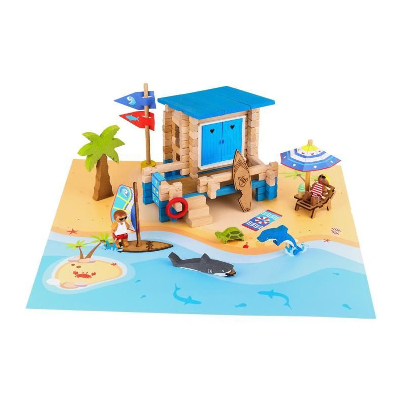 Journée a la Plage 120 Pieces - JEUJURA - Jeu de Construction en Bois Naturel, Tapis et Accessoires Inclus, 32x27x11 cm