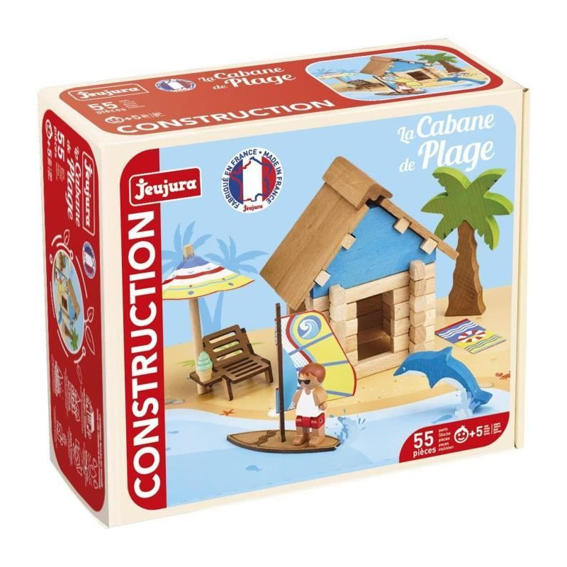 La Cabane de Plage 55 Pieces - JEUJURA - Jeu de Construction en Bois Naturel, Tapis et Accessoires Inclus, 22x18,5x8,5 cm