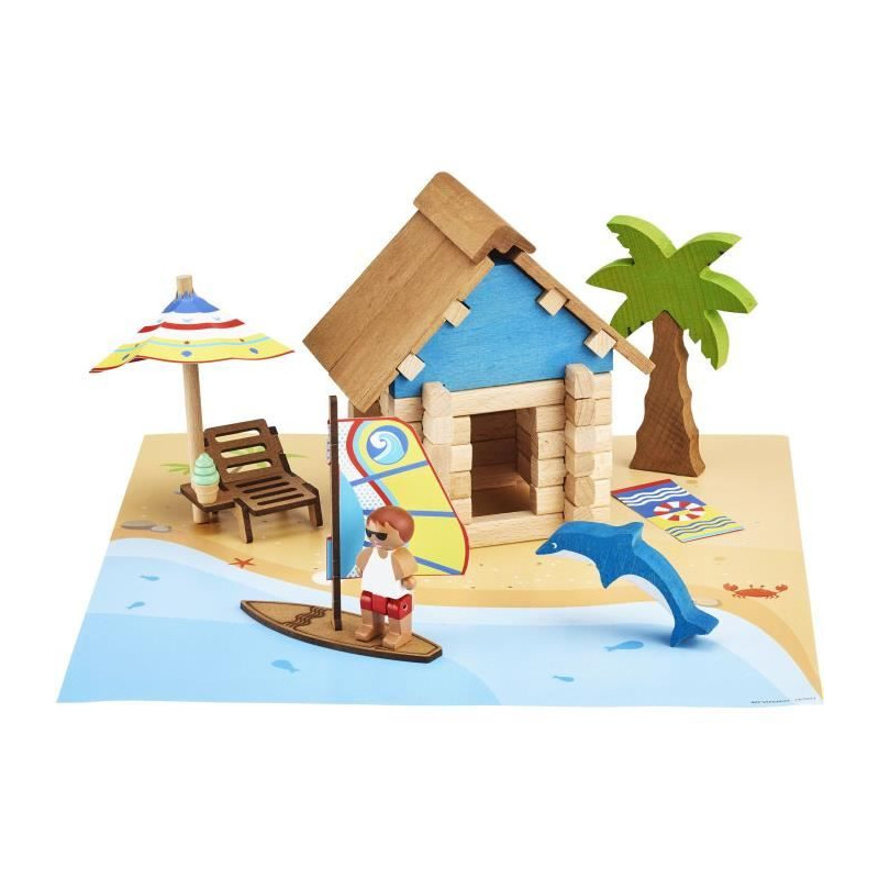 La Cabane de Plage 55 Pieces - JEUJURA - Jeu de Construction en Bois Naturel, Tapis et Accessoires Inclus, 22x18,5x8,5 cm