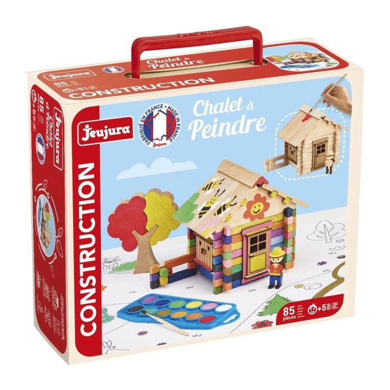 Chalet a Peindre 85 Pieces - JEUJURA - Jeu de Construction en Bois Naturel, Accessoires et Peinture Inclus, 26x24x9 cm