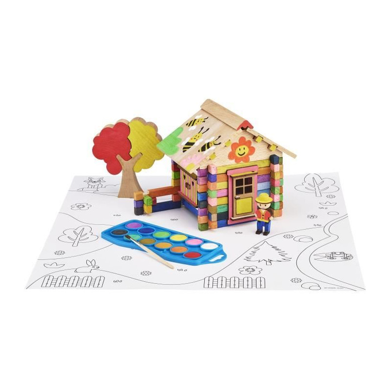 Chalet a Peindre 85 Pieces - JEUJURA - Jeu de Construction en Bois Naturel, Accessoires et Peinture Inclus, 26x24x9 cm