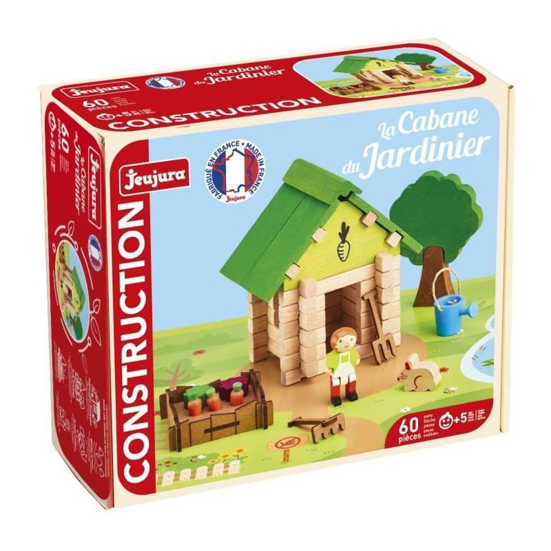 La Cabane du Jardinier 60 Pieces - JEUJURA - Jeu de Construction en Bois Naturel, Tapis et Accessoires Inclus, 22x18,5x8,5 cm