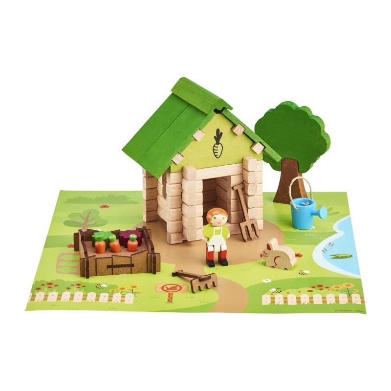 La Cabane du Jardinier 60 Pieces - JEUJURA - Jeu de Construction en Bois Naturel, Tapis et Accessoires Inclus, 22x18,5x8,5 cm