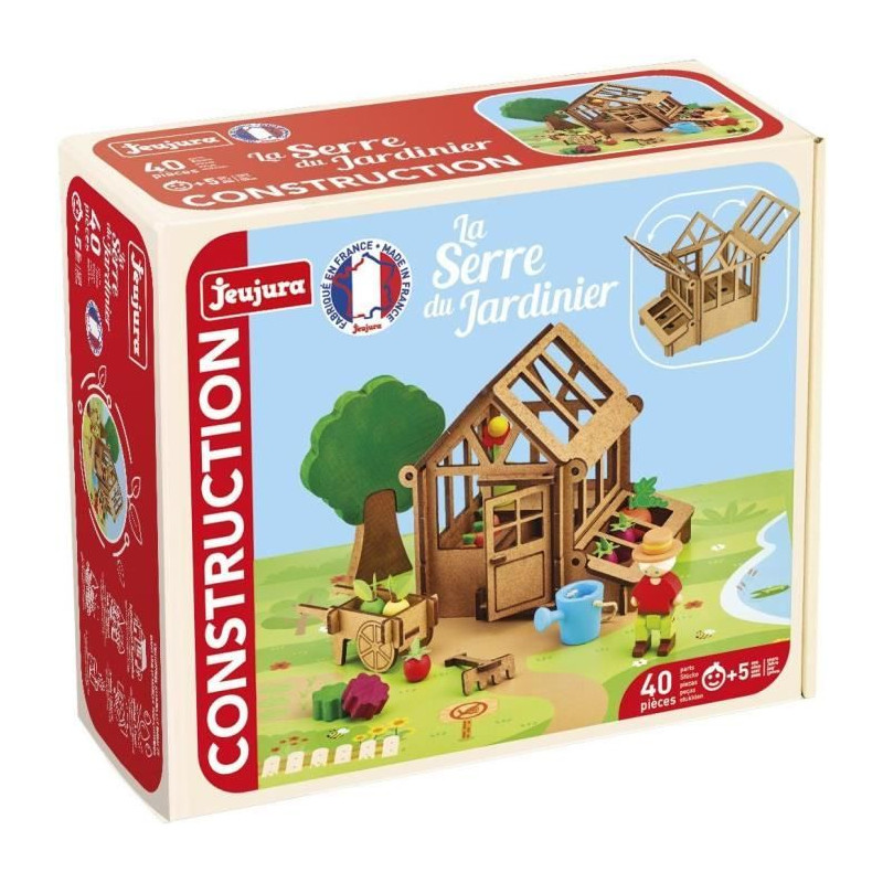 La Serre du Jardinier 40 Pieces - JEUJURA - Jeu de Construction en Bois Naturel, Tapis et Accessoires Inclus, 22x18,5x8,5 cm