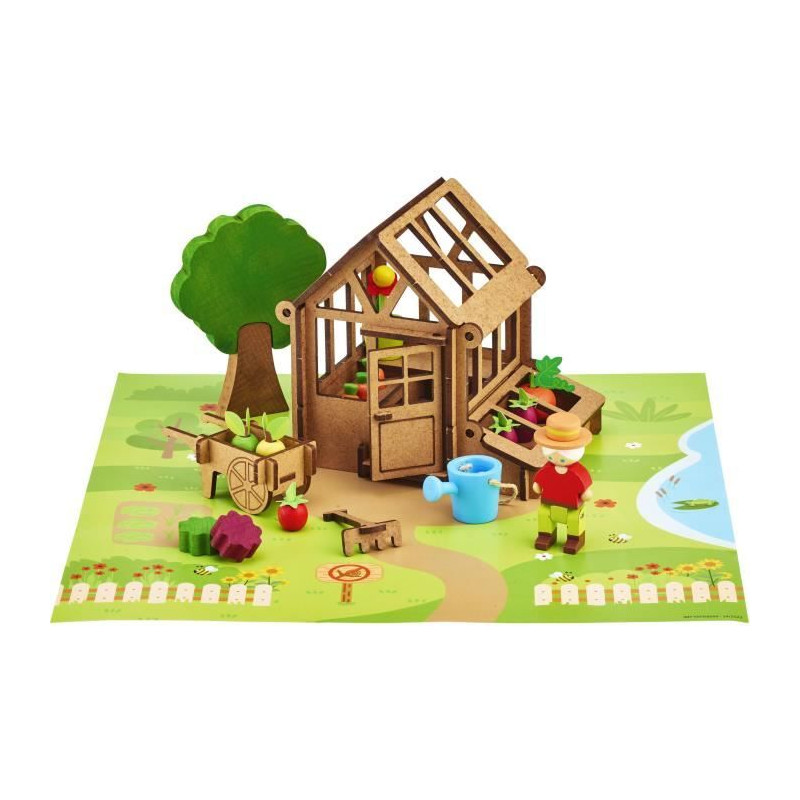 La Serre du Jardinier 40 Pieces - JEUJURA - Jeu de Construction en Bois Naturel, Tapis et Accessoires Inclus, 22x18,5x8,5 cm