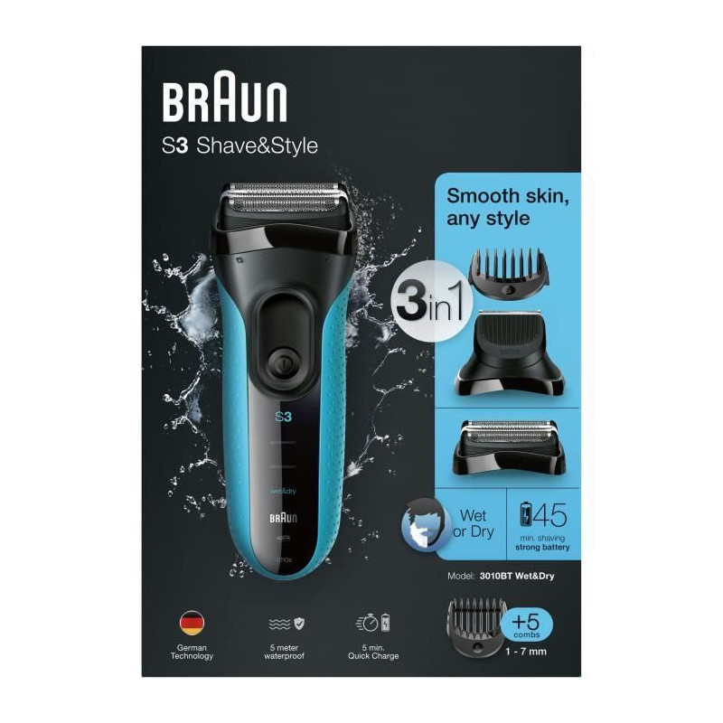 Rasoir électrique barbe homme - BRAUN - Series 3 Shave & Style 3010BT - Technologie Wet & Dry - Noir / Bleu