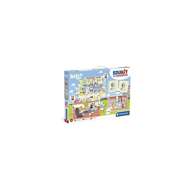 Clementoni - Edukit - Bluey - Coffret apprentissage 4 en 1 - 2 puzzles, 1 mémo, 1 jeu de 6 cubes - Fabriqué en Italie - Dés 4