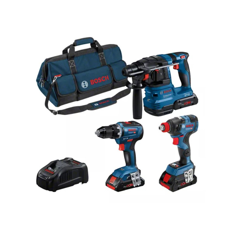 Pack 3 machine 18V (GSR55 GBH22 GDX200) + 3 batteries + chargeur rapide + sac BOSCH 0615A5003B