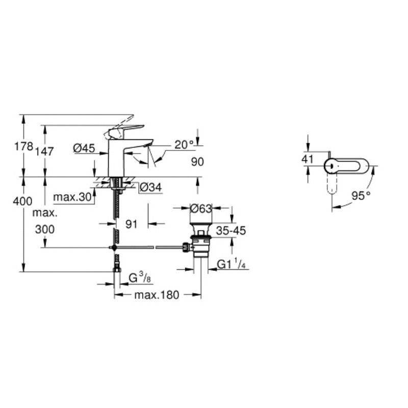 Mitigeur lavabo taille S BAUEDGE cartouche CH3 GROHE 23559 000