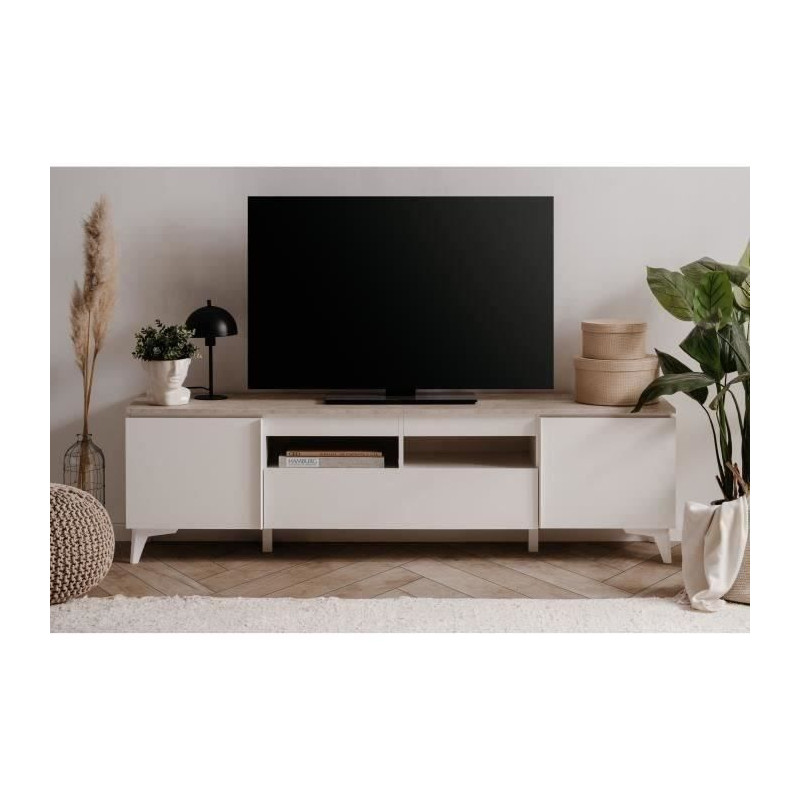 Meuble TV Bertrix 56A - Décor travertin / blanc - Panneaux de particules - 177 x 51,5 x 40 cm