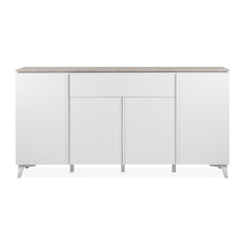 Buffet Bertrix 51A - Décor travertin / blanc - Panneaux de particules - 4 portes et étageres - 1 tiroir central - 177 x 92 x 4