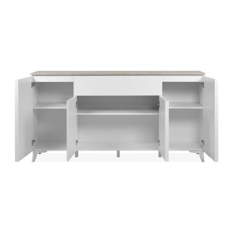 Buffet Bertrix 51A - Décor travertin / blanc - Panneaux de particules - 4 portes et étageres - 1 tiroir central - 177 x 92 x 4