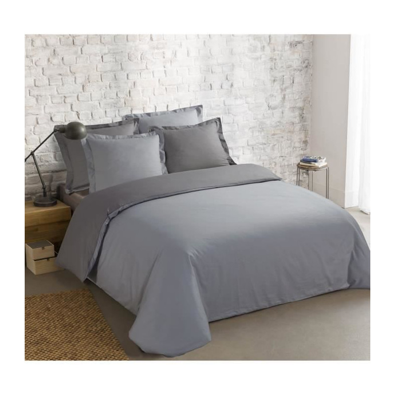 VISION - Bicolore - Housse de couette Réversible 260x240cm avec 2 taies 65x65cm -Gris/gris perle - 100% coton