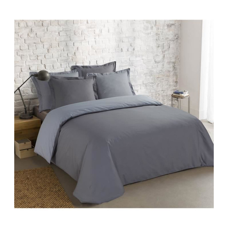 VISION - Bicolore - Housse de couette Réversible 260x240cm avec 2 taies 65x65cm -Gris/gris perle - 100% coton