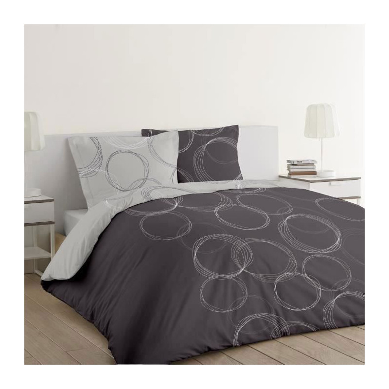 VISION Parure de couette Lenny - 100% coton - 1 housse de couette 220 x 240 cm + 2 taies d'oreiller 65 x 65 cm - Gris anthracite