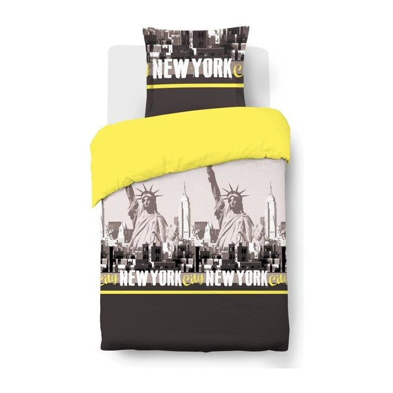 VISION Parure de couette New York - 100% coton - 1 housse de couette 140 x 200 cm + 1 taie d'oreiller 65 x 65 cm - Jaune et Gris