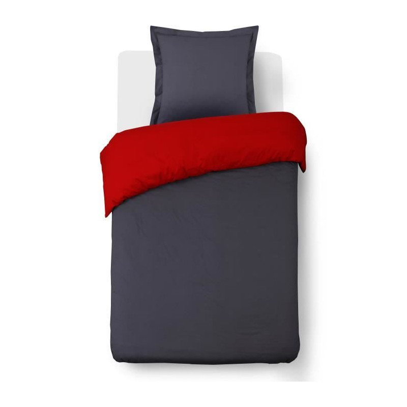 VISION - Bicolore - Housse de couette Réversible 140x200cm avec 1 taie 65x65cm - Anthracite/Rouge - 100% coton