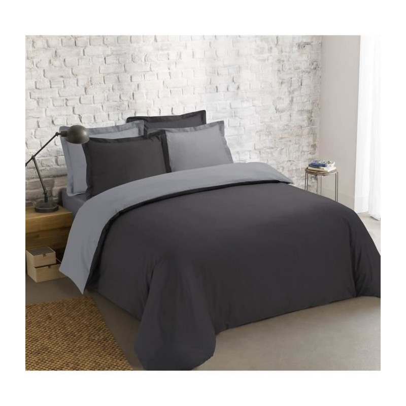 VISION - Bicolore - Housse de couette Réversible 240x220cm avec 2 taies 65x65cm - Anthracite/gris - 100% coton