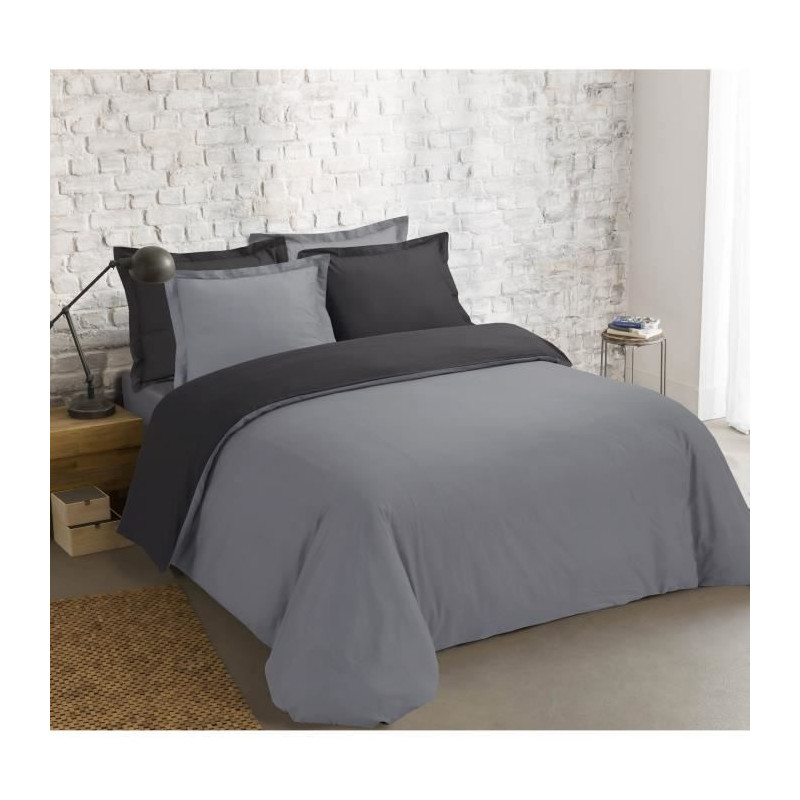 VISION - Bicolore - Housse de couette Réversible 240x220cm avec 2 taies 65x65cm - Anthracite/gris - 100% coton