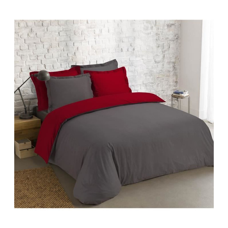 VISION - Bicolore - Housse de couette Réversible 200x200cm avec 2 taies 65x65cm - Anthracite/rouge - 100% coton