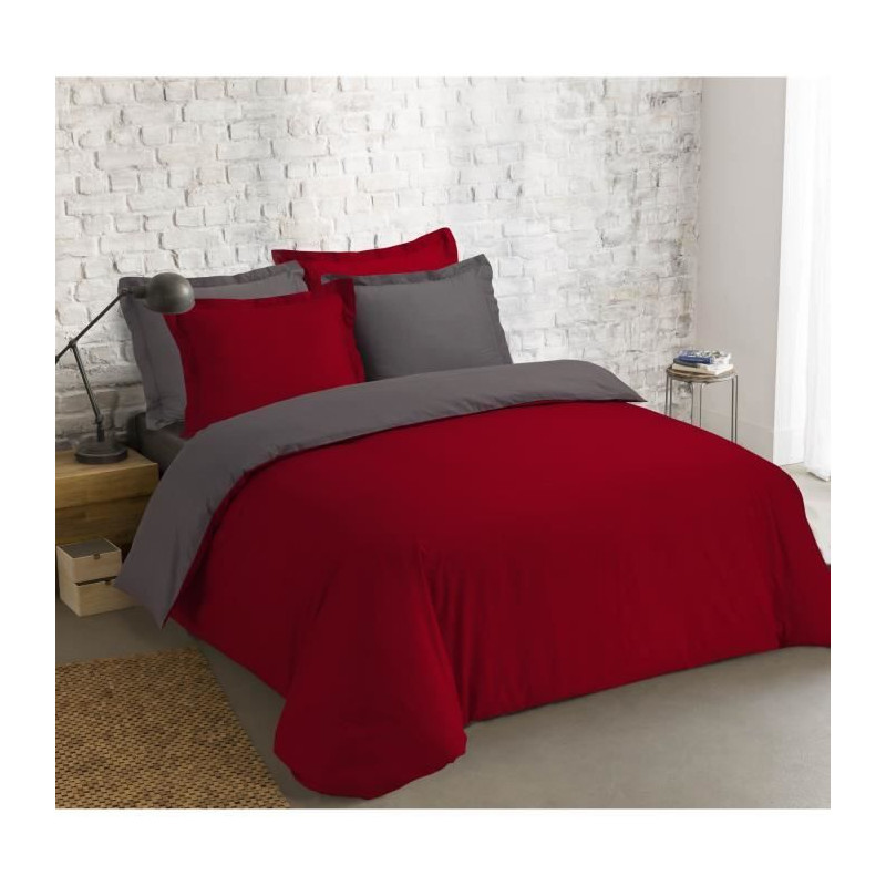 VISION - Bicolore - Housse de couette Réversible 200x200cm avec 2 taies 65x65cm - Anthracite/rouge - 100% coton