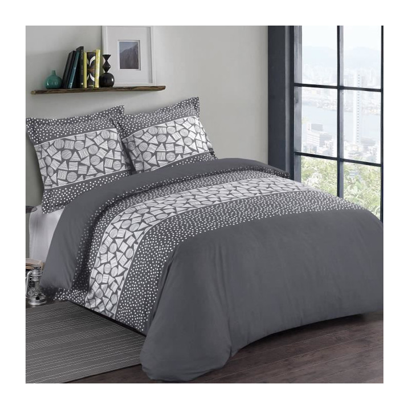 VISION Parure de couette Arthur - 100% coton - 1 housse de couette 140 x 200 cm + 1 taie d'oreiller 65 x 65 cm - Gris anthracite