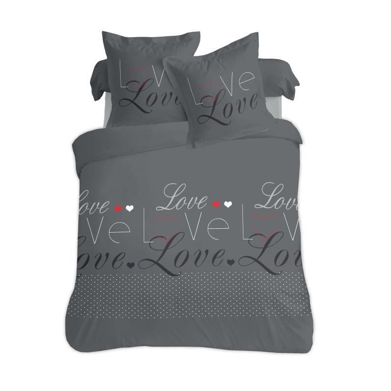 VISION Parure de couette Love - 100% coton - 1 housse de couette 240 x 220 cm + 2 taies d'oreiller 65 x 65 cm - Gris anthracite