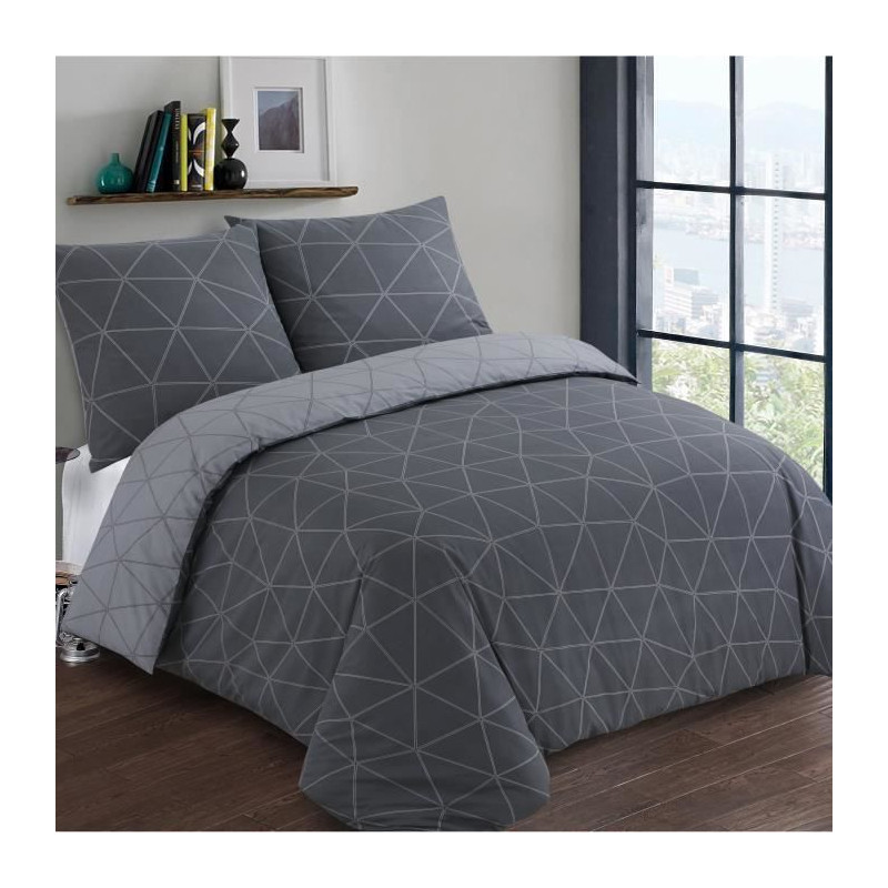 VISION Parure de couette Hugo - 100% coton - 1 housse de couette 240 x 220 cm + 2 taies d'oreiller 65 x 65 cm - Gris anthracite