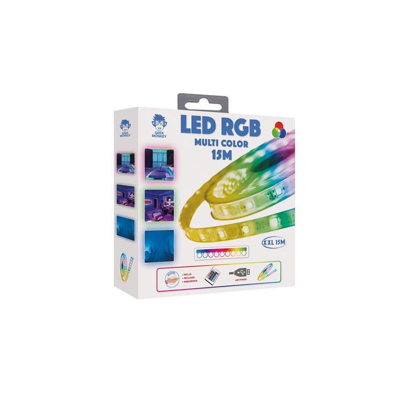 Ruban LED RGB XXL Geek Monkeys 15 m avec revêtement en silicone + Télécommande