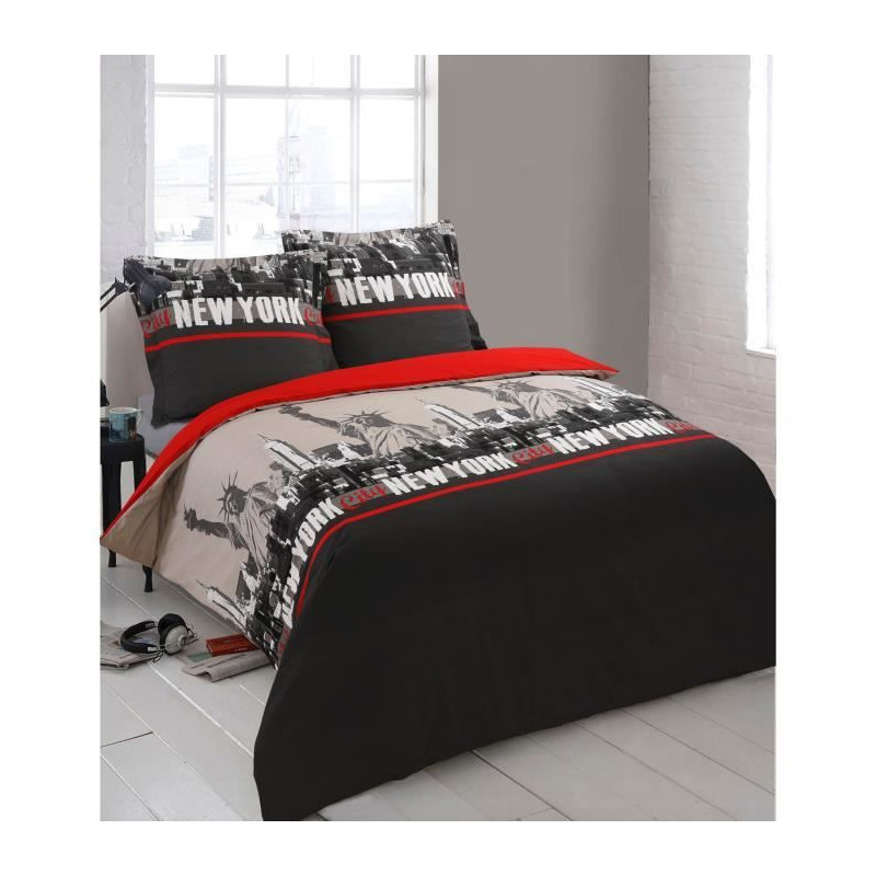 VISION Parure de couette New York - 100% coton - 1 housse de couette 200 x 200cm + 2 taies d'oreiller 65 x 65cm - Rouge et gris