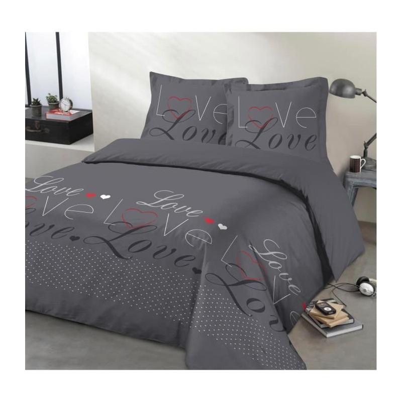 VISION Parure de couette Love - 100% coton - 1 housse de couette 200 x 200 cm + 2 taies d'oreiller 65 x 65 cm - Gris anthracite