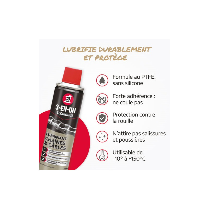 LUBRIFIANT CHAINES ET CABLES BBE 250ML 3-EN-UN - 33602/10