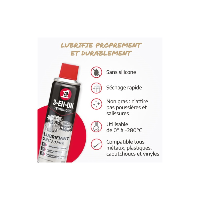 LUBRIFIANT SEC AU PTFE 3EN1 AEROSOL250 3-EN-UN - 33090/10