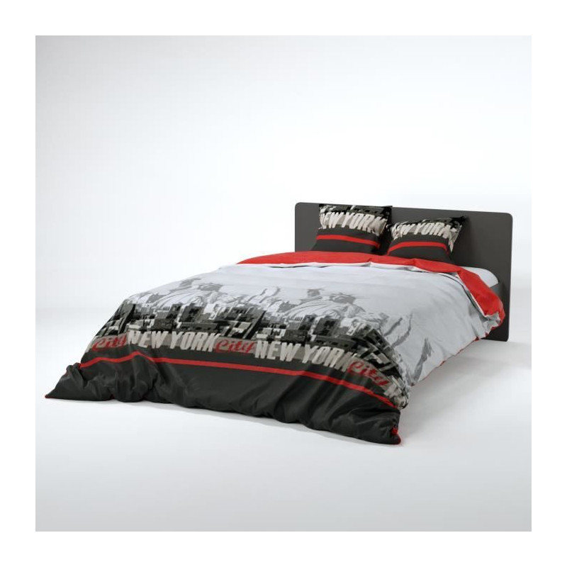 VISION Parure de couette New York - 100% coton - 1 housse de couette 220 x 240 cm + 2 taies d'oreiller 65 x 65 cm - Rouge et gri