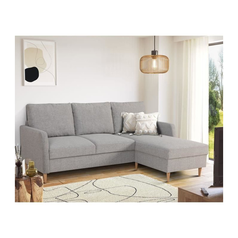 Canapé d'angle fixe 3 places CHIPY - Tissu gris souris - Réversible - L 192 x P 137 x H 82 cm - Pieds bois naturel