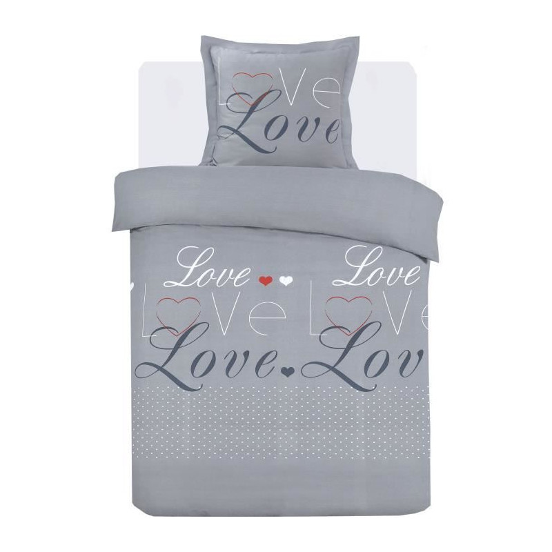 Parure Housse de couette - VISION - Love - 140 x 200 cm - 1 taie assortie 65 x 65 cm - Gris - 100% coton