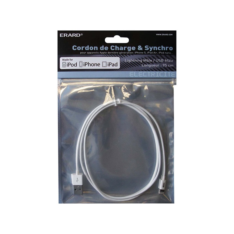 Cordon USB 2.0 A M/Lightning M - 480 Mbps - 2.4A - licence Apple MFI - ERARD - 8335