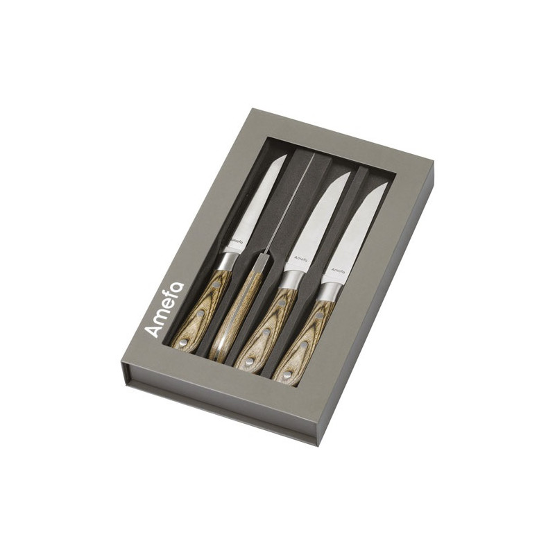 ACHILLE COFFRET 4 COUTEAUX STEAK BOIS DE PAKKA AMEFA - 255015MB02BR4