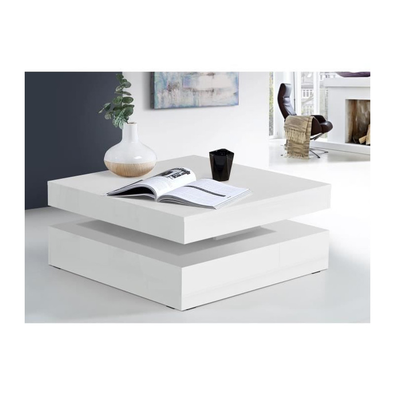 Table basse plateau rotatif - Carré Blanc brillant - 78 x 78 x 36 cm