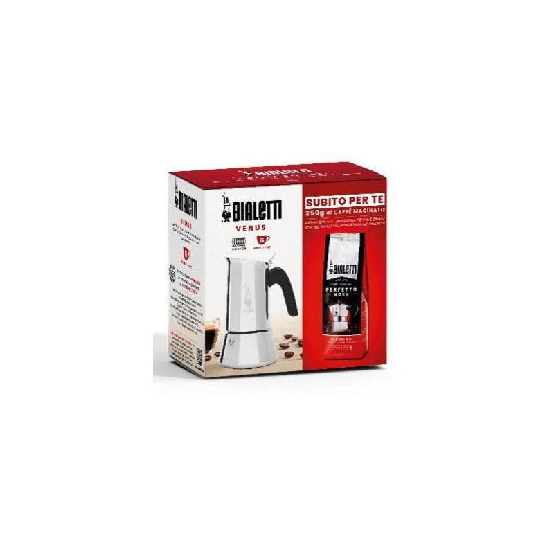 Cafetiere italienne + 1 Café Perfetto Moka Classico - BIALETTI - VENUS - 6 tasses - 0,30 L - Paquet de 250 g - Argent