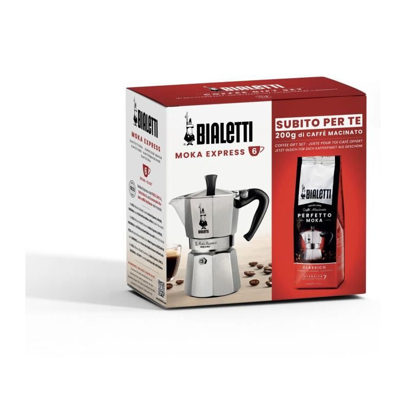 Cafetiere italienne + 1 Café Perfetto Moka Classico - BIALETTI - MOKA - 6 tasses - 0,30 L - Paquet de 250 g - Argent