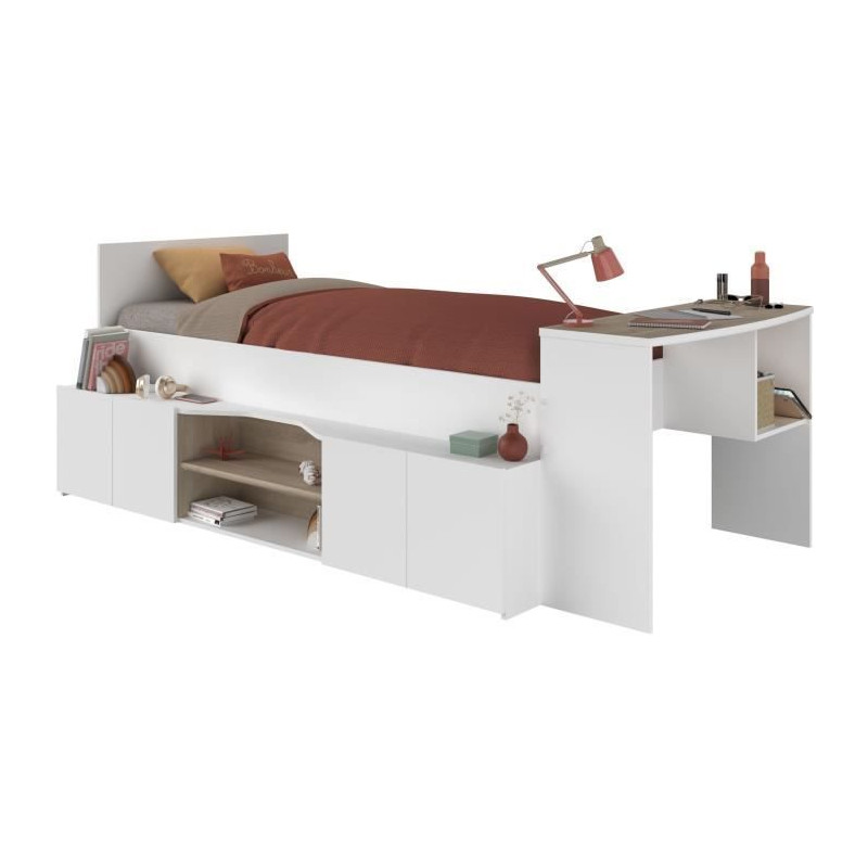 Lit combiné enfant avec rangements et bureau CLoe - 90 x 200 cm - Décor blanc et chene - PARISOT