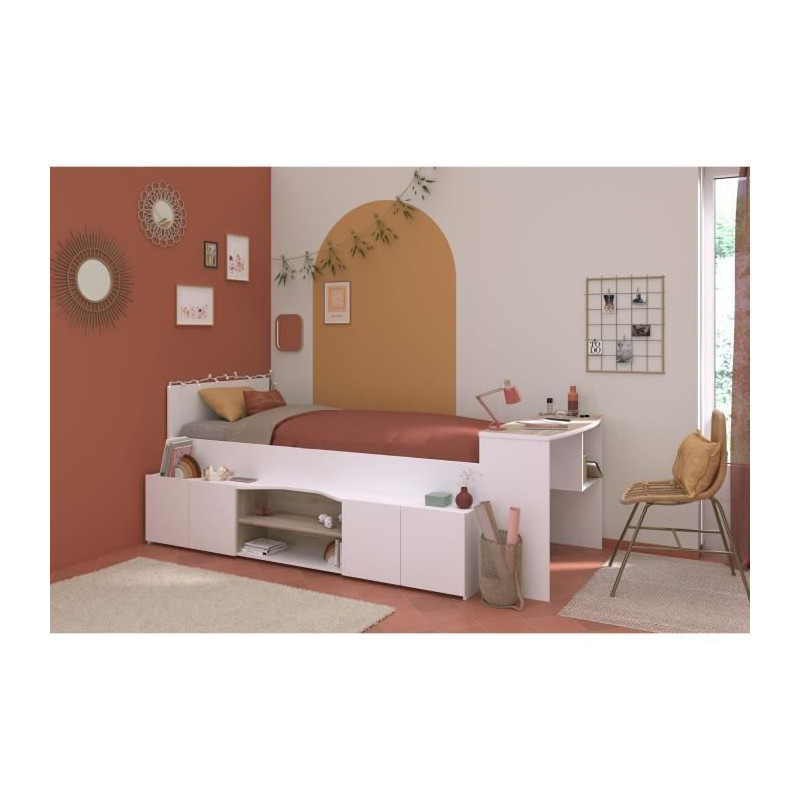 Lit combiné enfant avec rangements et bureau CLoe - 90 x 200 cm - Décor blanc et chene - PARISOT