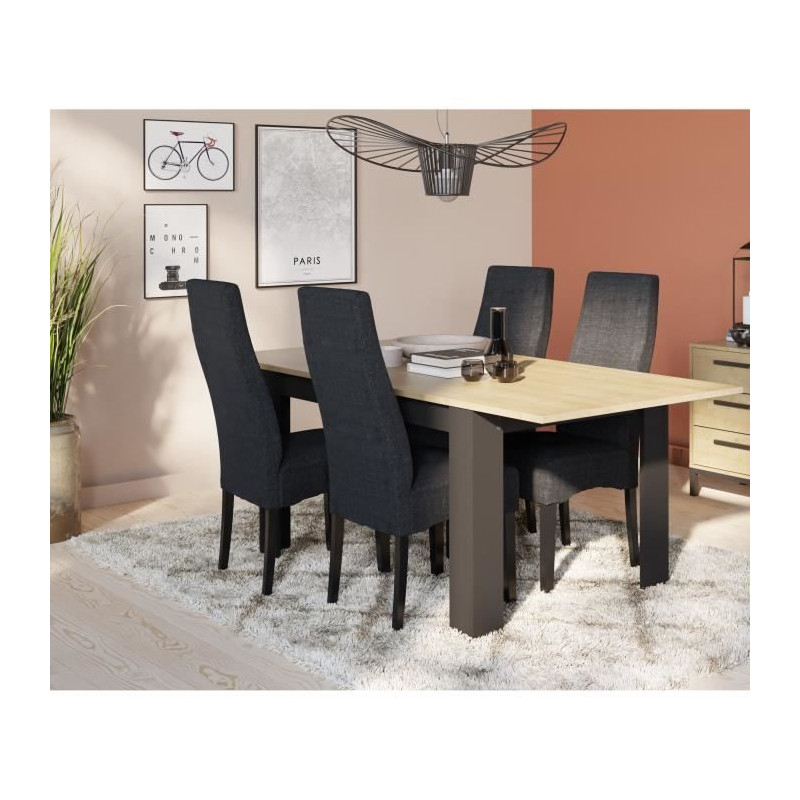 Table extensible - CRAFT - Rectangulaire - Décor mélamine chene hamilton et noir mat - 6 places - 160 / 200 x 90 cm - DEMEYERE