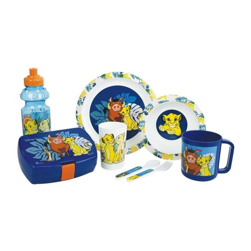 Lot Vaisselle Disney Le Roi Lion - FUN HOUSE - 006360 - Verre, Assiette Creuse, Assiette Plate, Mug, Gourde, Boîte Goûter Couv