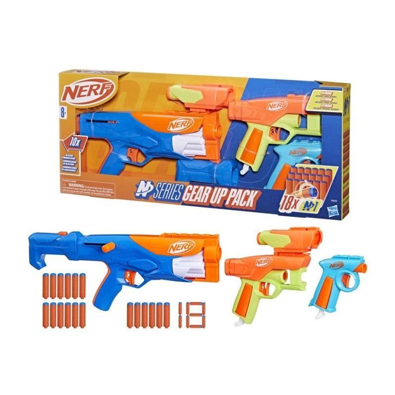 NERF Pack 3 blasters N Series Gear Up, pistolet a fléchettes, 18 fléchettes Nerf N1 compatibles uniquement avec les blasters