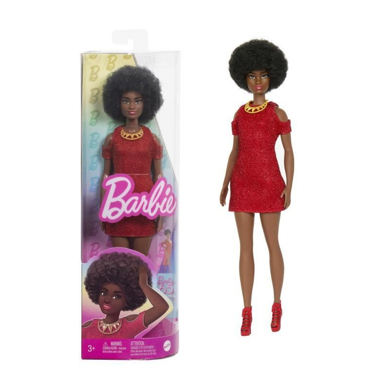 Barbie-Fashionistas 221-Poupée avec cheveux noirs et robe rouge HRH18